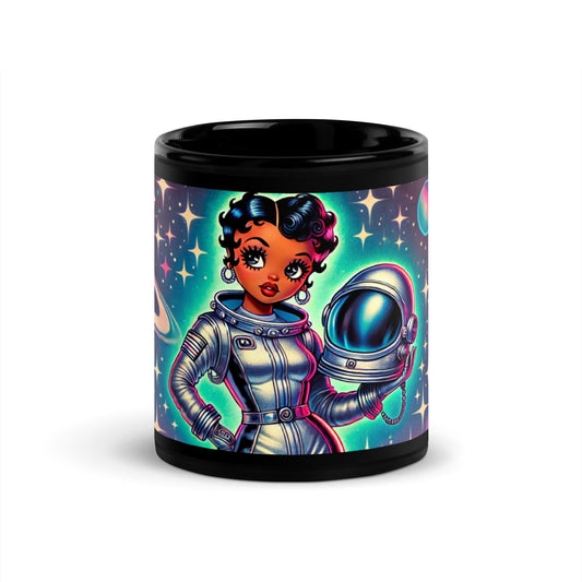 Space Age Black Betty Boop Black Glossy Mug | Classic Betty Boop Character as an Astronaut Gift for Coffee or Tea Lover| Unique Gift for Her