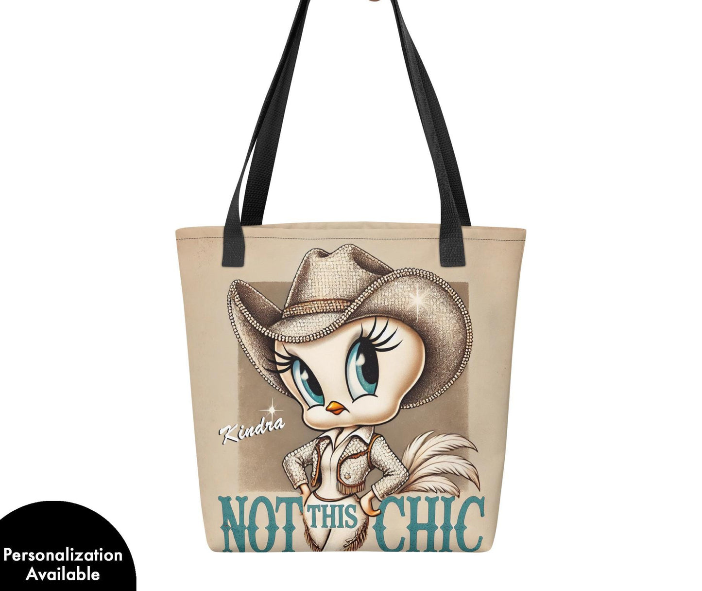 Personalizable Vintage Cowgirl Tweety Bird Inspired Character Tote bag | Great Unique Gift for Sassy Cowgirl and Tweety Bird Cartoon Lover