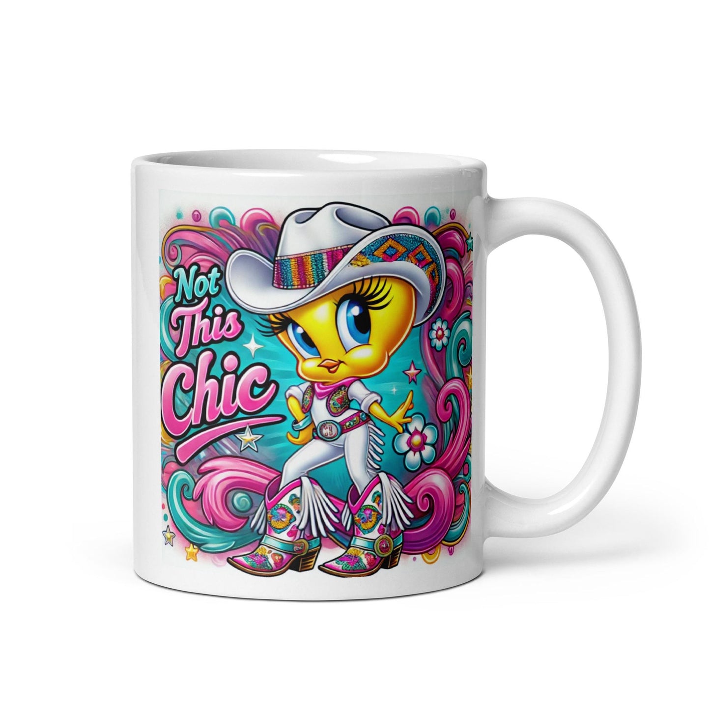 Colorful Cowgirl Tweety Bird Inspired Character White glossy mug | Sassy Tweety Inspired Character Mug Great Gift for Tweety Bird Lovers