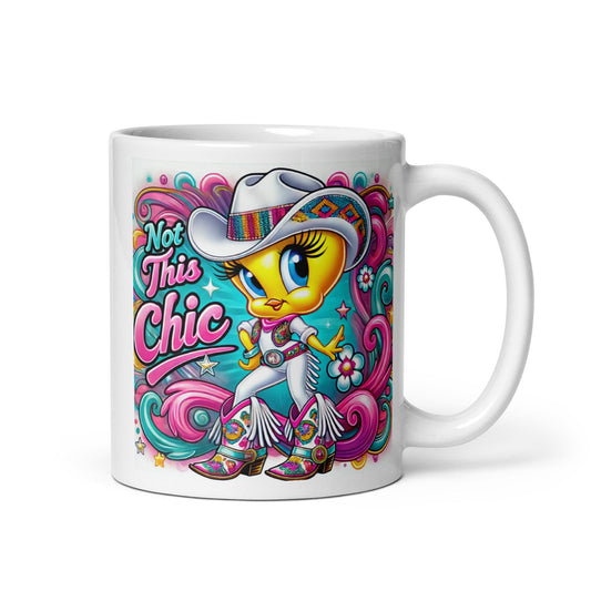 Colorful Cowgirl Tweety Bird Inspired Character White glossy mug | Sassy Tweety Inspired Character Mug Great Gift for Tweety Bird Lovers
