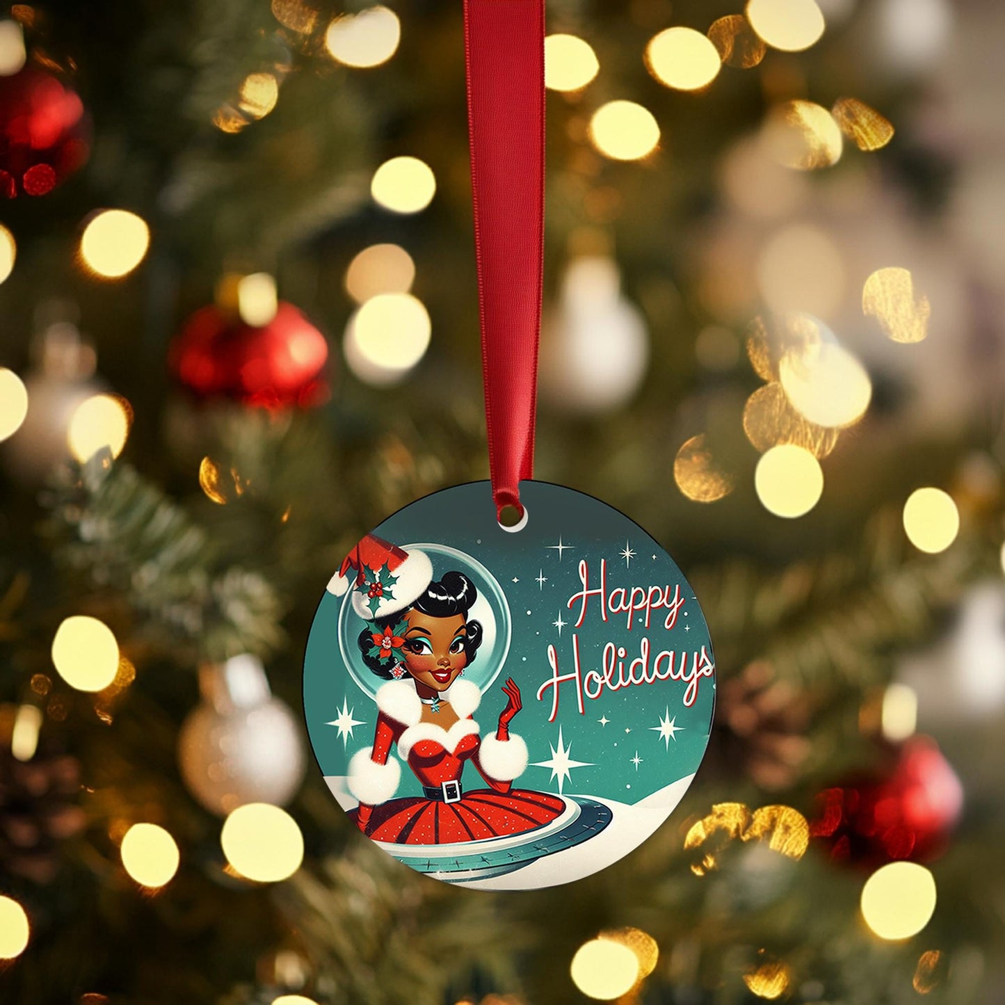 Space Age Beautiful African American Mrs. Claus Ornaments  | Unique Homemade and Custom Designed Black Girl Ornaments for Christmas Decor