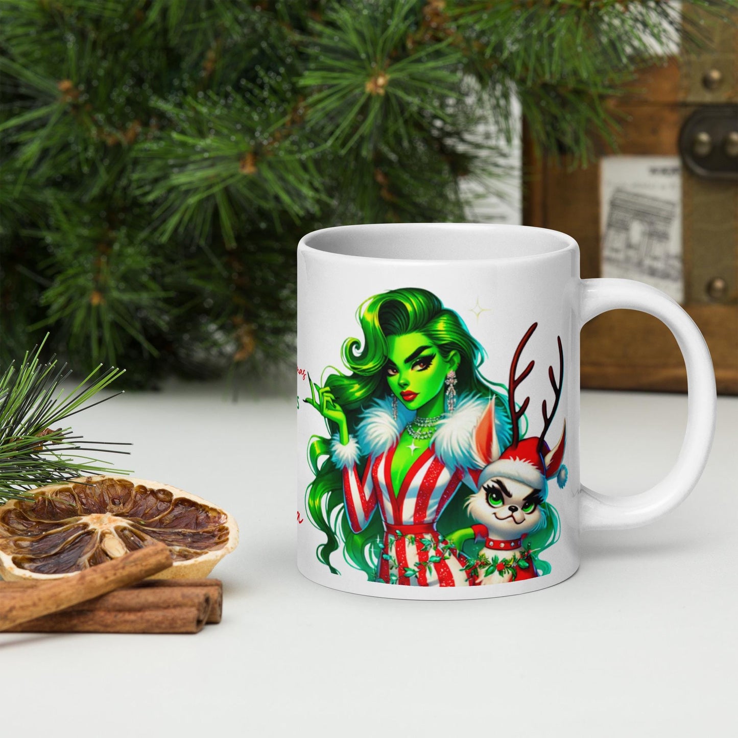 Unique Female Grinch Character White Glossy Mug | Lady Grinch Holiday Mug Personalized Gift | Christmas Mug Gift Unique Gift for Her |