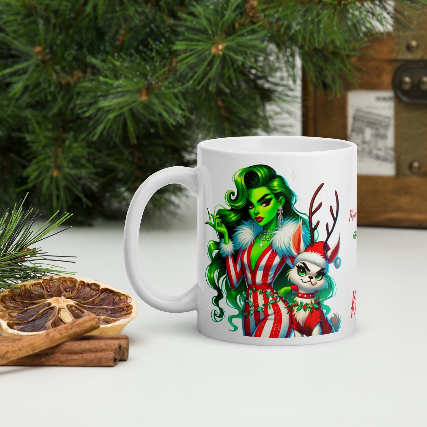 Unique Female Grinch Character White Glossy Mug | Lady Grinch Holiday Mug Personalized Gift | Christmas Mug Gift Unique Gift for Her |