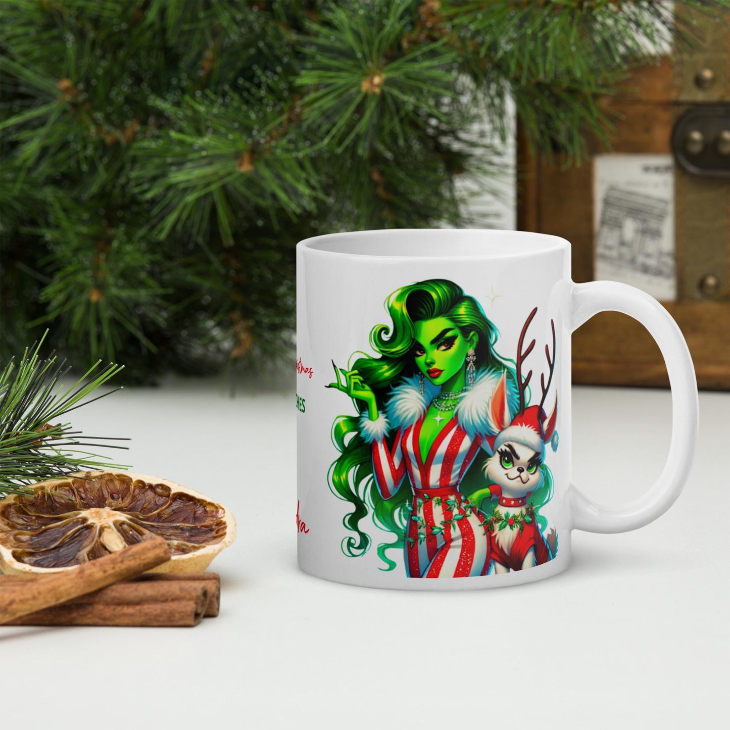Unique Female Grinch Character White Glossy Mug | Lady Grinch Holiday Mug Personalized Gift | Christmas Mug Gift Unique Gift for Her |