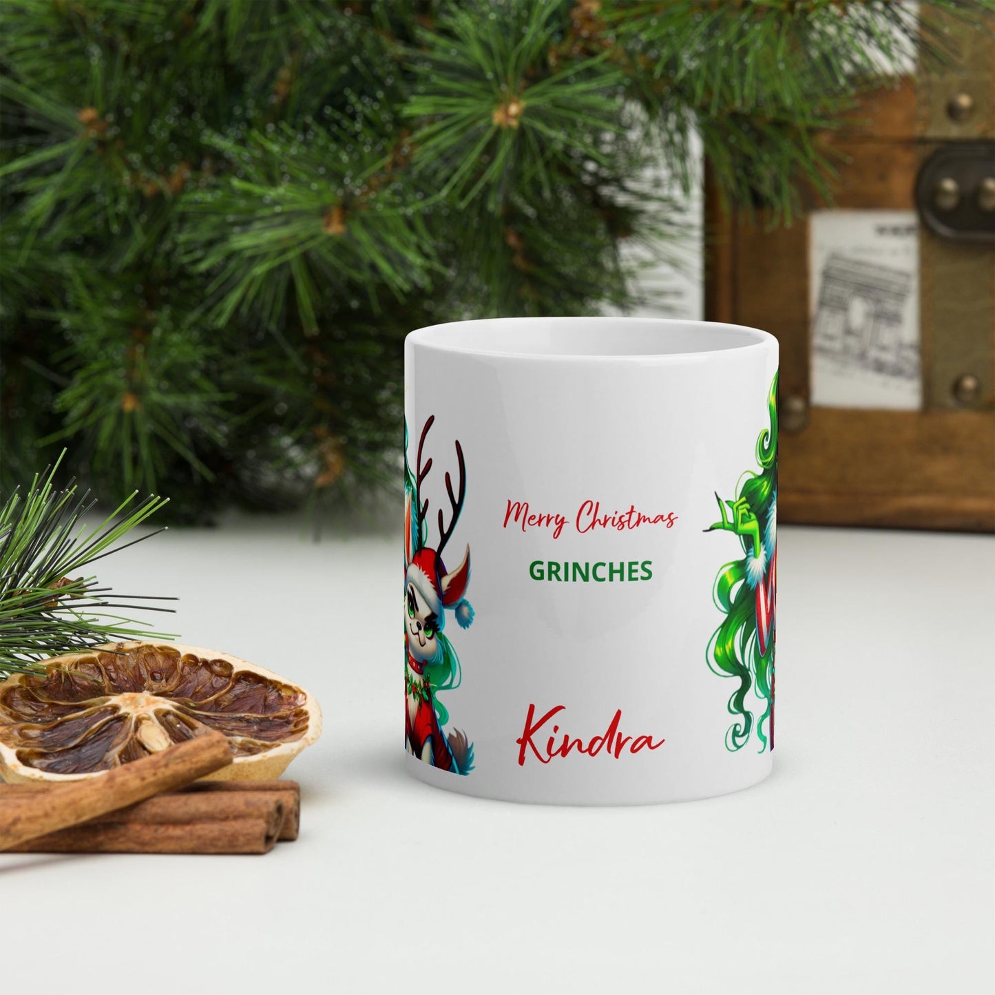 Unique Female Grinch Character White Glossy Mug | Lady Grinch Holiday Mug Personalized Gift | Christmas Mug Gift Unique Gift for Her |