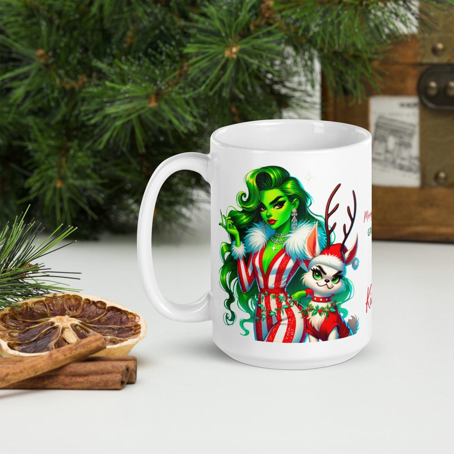 Unique Female Grinch Character White Glossy Mug | Lady Grinch Holiday Mug Personalized Gift | Christmas Mug Gift Unique Gift for Her |
