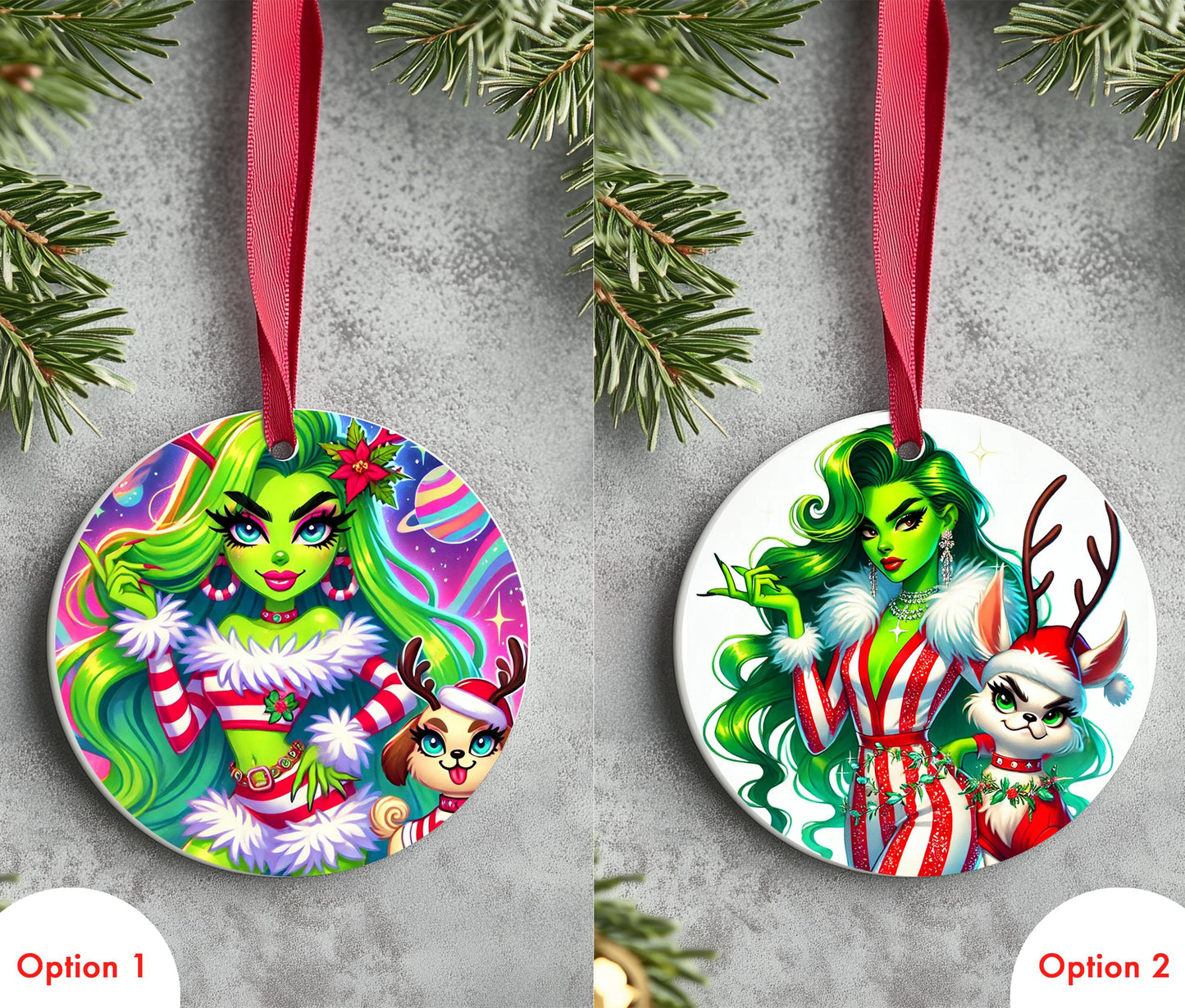 Sassy Lady Grinch Christmas Ornaments | Custom Design Ornaments Homemade with a Sublimation Design | Unique Christmas Christmas Decor