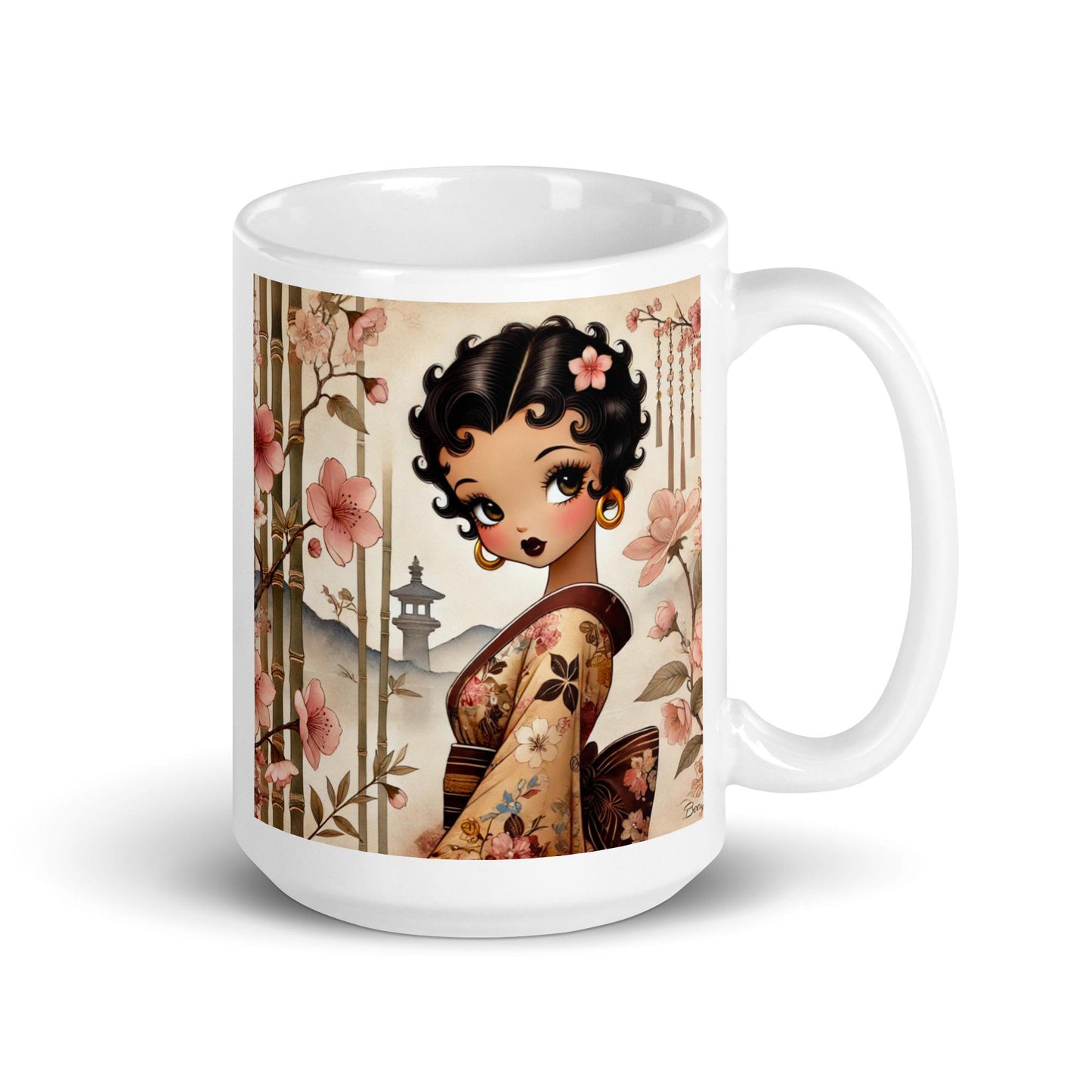 Beautiful Betty Boop Inspired character on White glossy mug | Beautiful Boop Character in Kimono surrounded by Cherry Blossoms