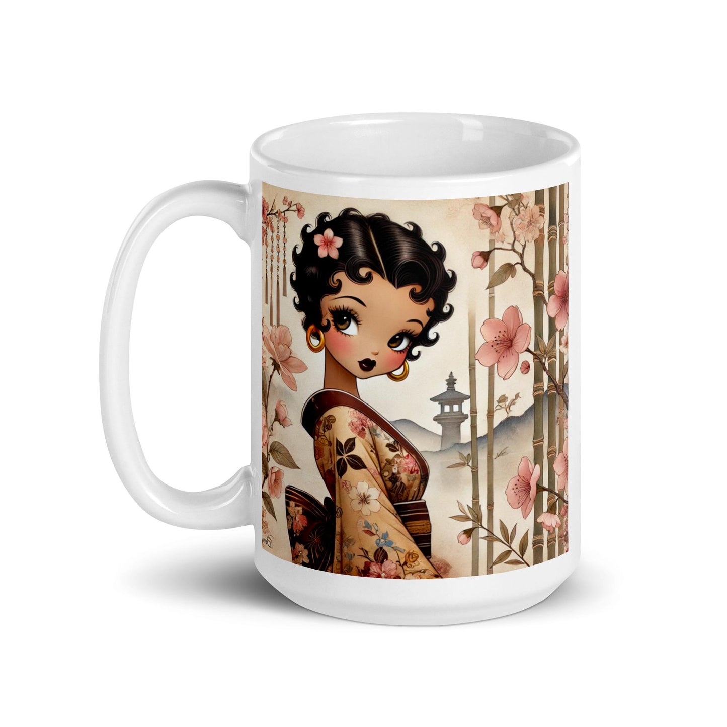 Beautiful Betty Boop Inspired character on White glossy mug | Beautiful Boop Character in Kimono surrounded by Cherry Blossoms