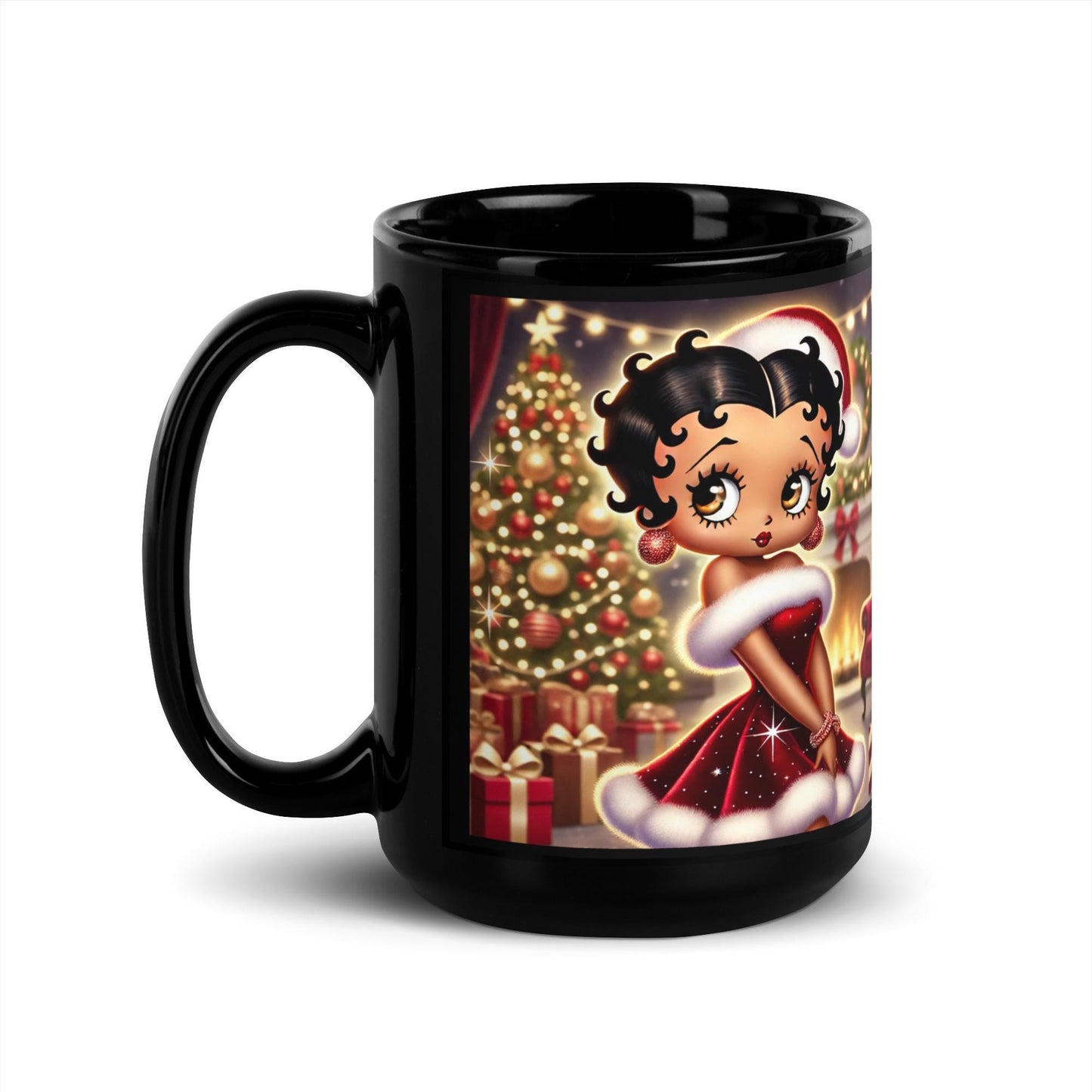 Mrs Claus Betty Boop Black Glossy Mug | Unique Black Betty Boop Design on Mug | Unique Christmas Gift for coffee lovers HANDWASH ONLY