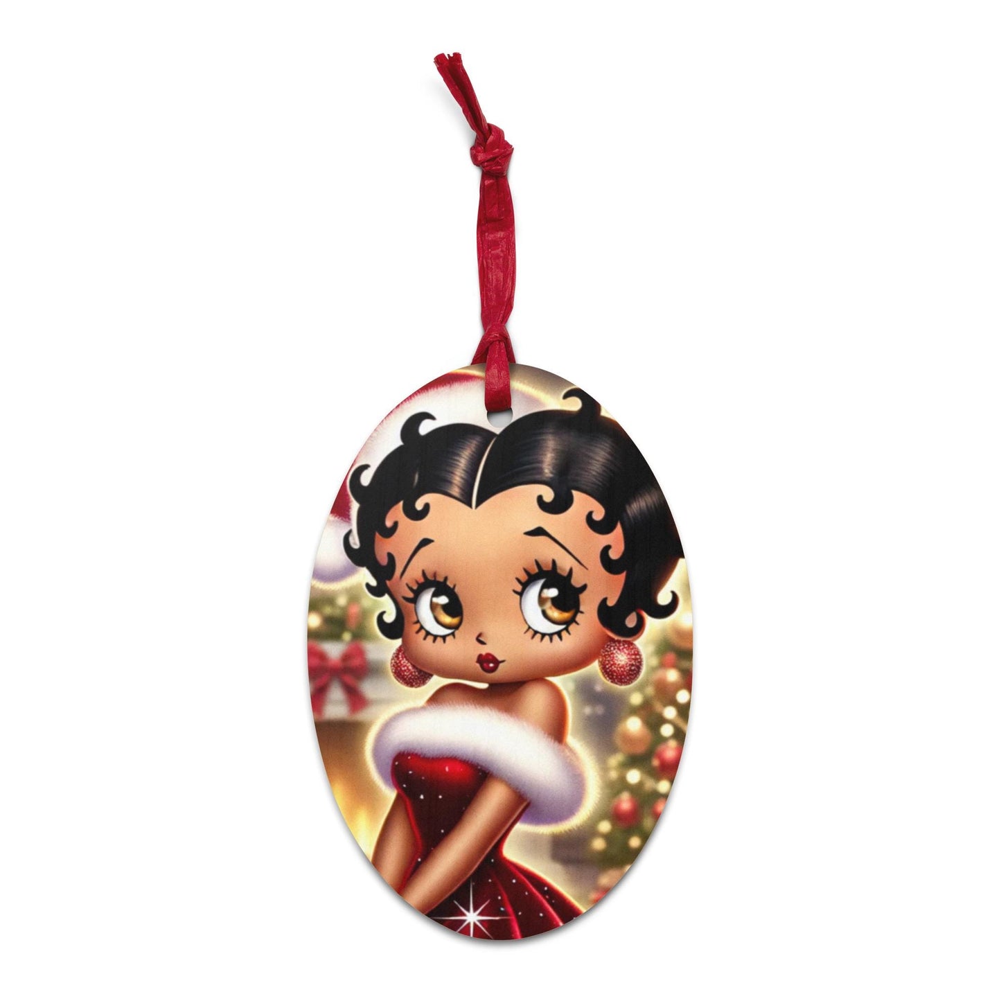 Mrs Claus Betty Boop Black Glossy Mug | Unique Black Betty Boop Design as Mrs. Claus on Wooden ornaments | Unique Christmas Ornament or Gift