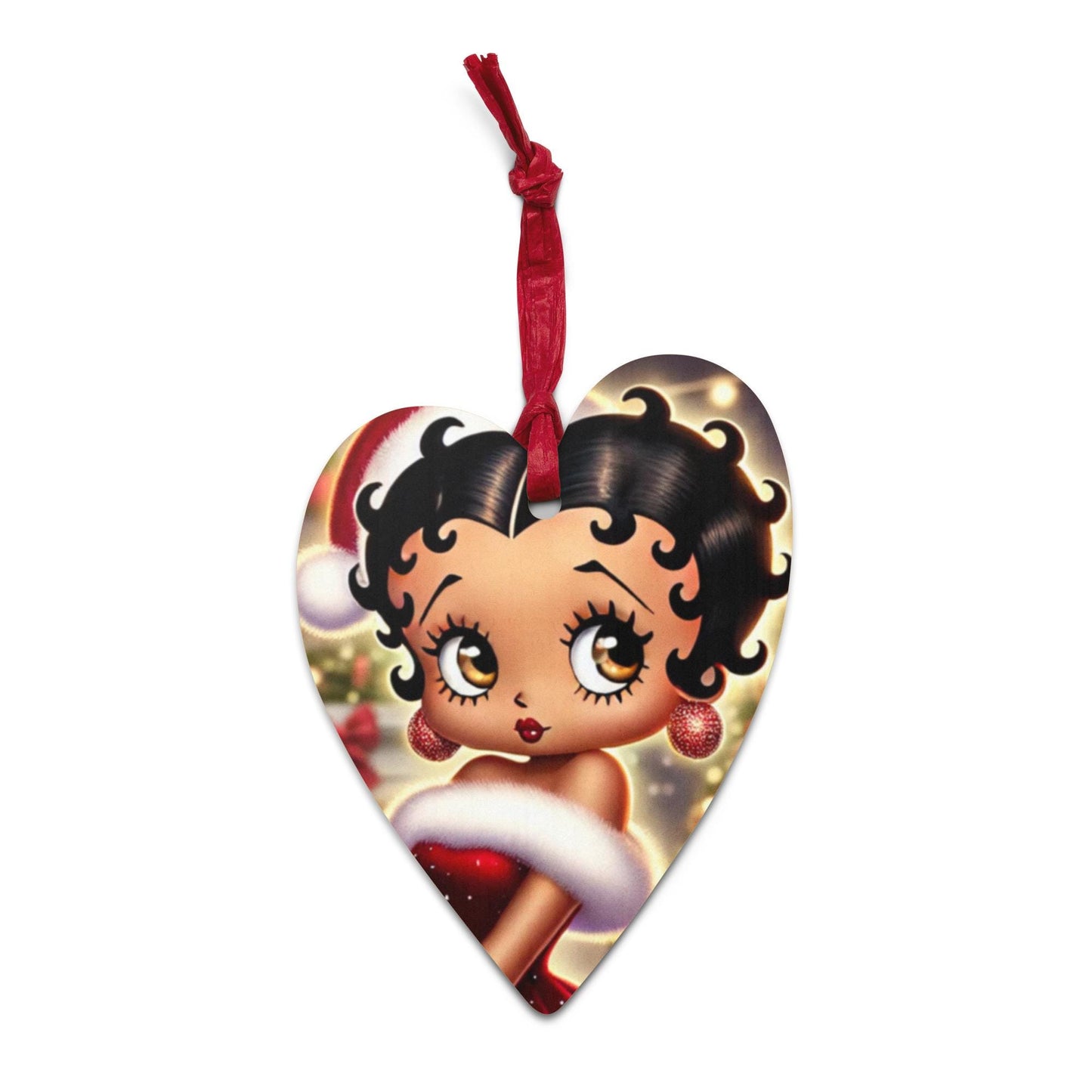 Mrs Claus Betty Boop Black Glossy Mug | Unique Black Betty Boop Design as Mrs. Claus on Wooden ornaments | Unique Christmas Ornament or Gift