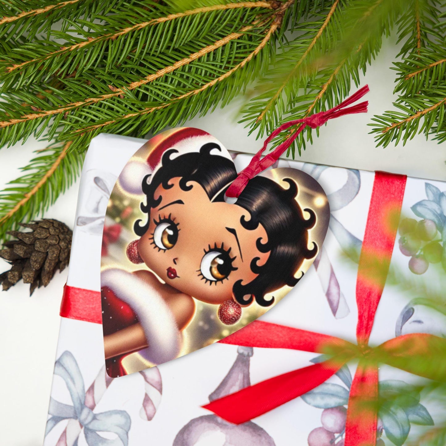 Mrs Claus Betty Boop Black Glossy Mug | Unique Black Betty Boop Design as Mrs. Claus on Wooden ornaments | Unique Christmas Ornament or Gift