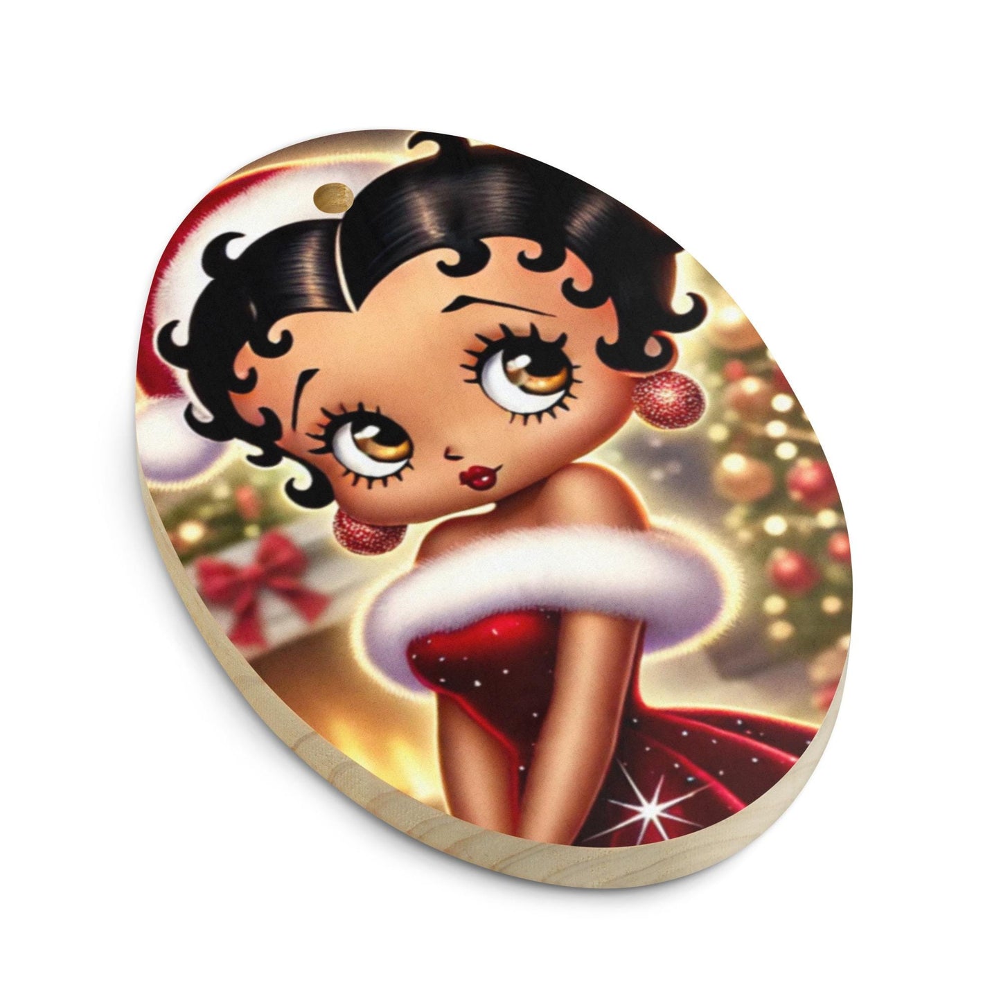Mrs Claus Betty Boop Black Glossy Mug | Unique Black Betty Boop Design as Mrs. Claus on Wooden ornaments | Unique Christmas Ornament or Gift