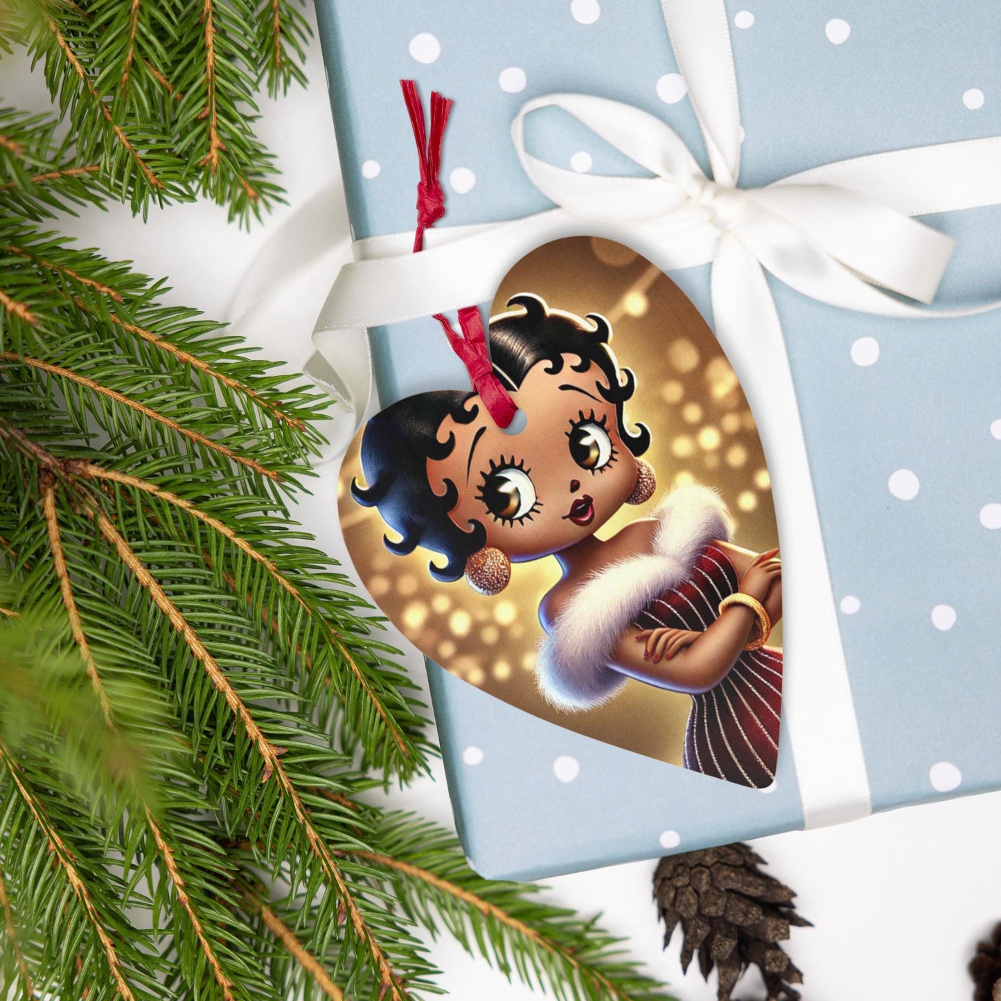 Betty Boop Christmas Ornament | Unique Black Betty Boop Design on Wooden Ornaments  | Unique Gift for Christmas