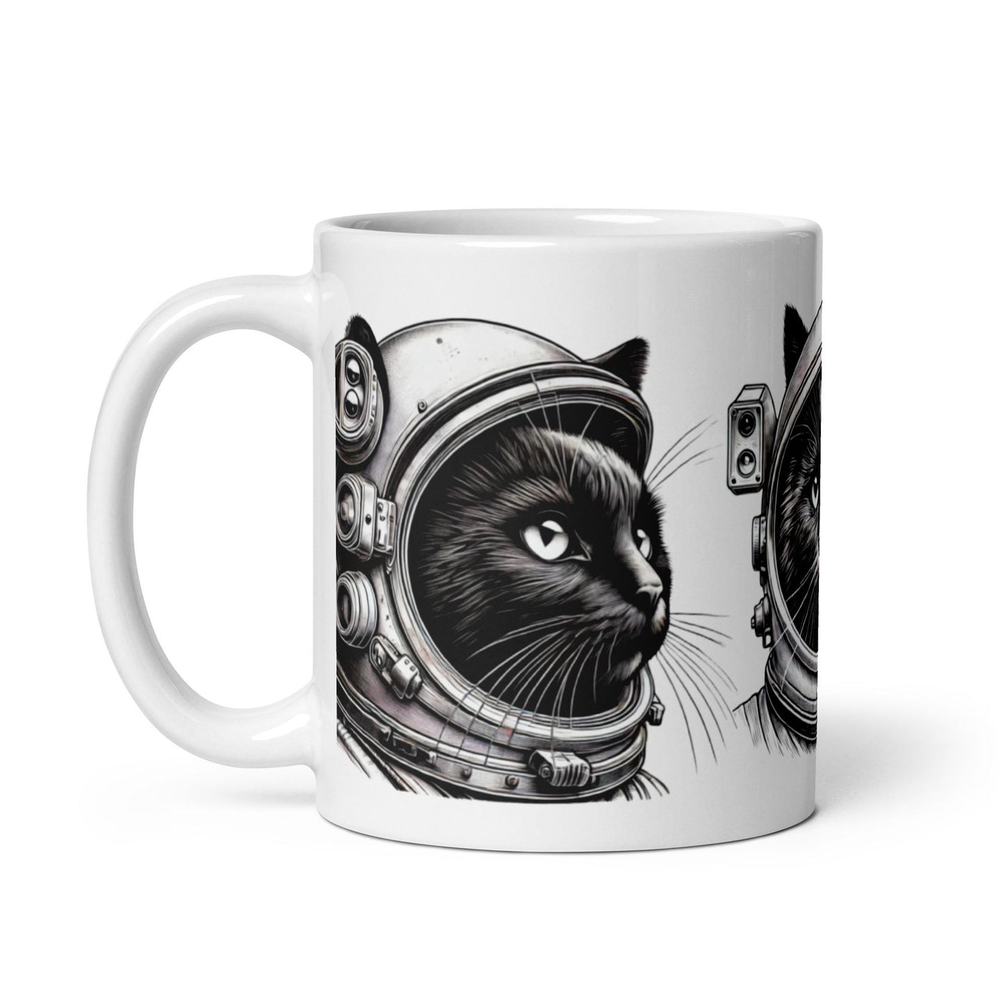 Black Astro Cat on White Glossy Mug | Space Age Cat Mug as a Gift for Her or Him | Astronaut Gift for Cat Lovers or Cat Moms and Dads 11
