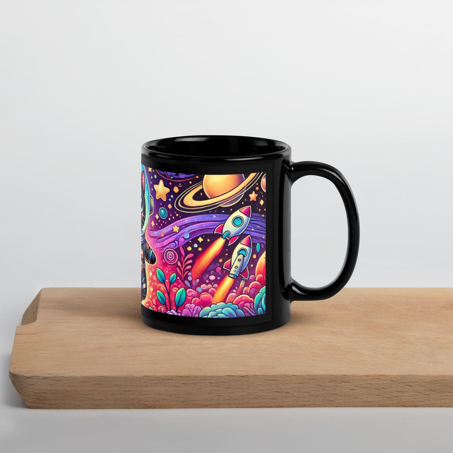 Colorful Cosmic Kitty Black Glossy Mug | Super CUTE Mug with Vibrant colors for Cat Moms or Cat Dads | Black Cat Lover Gift | HANDWASH ONLY