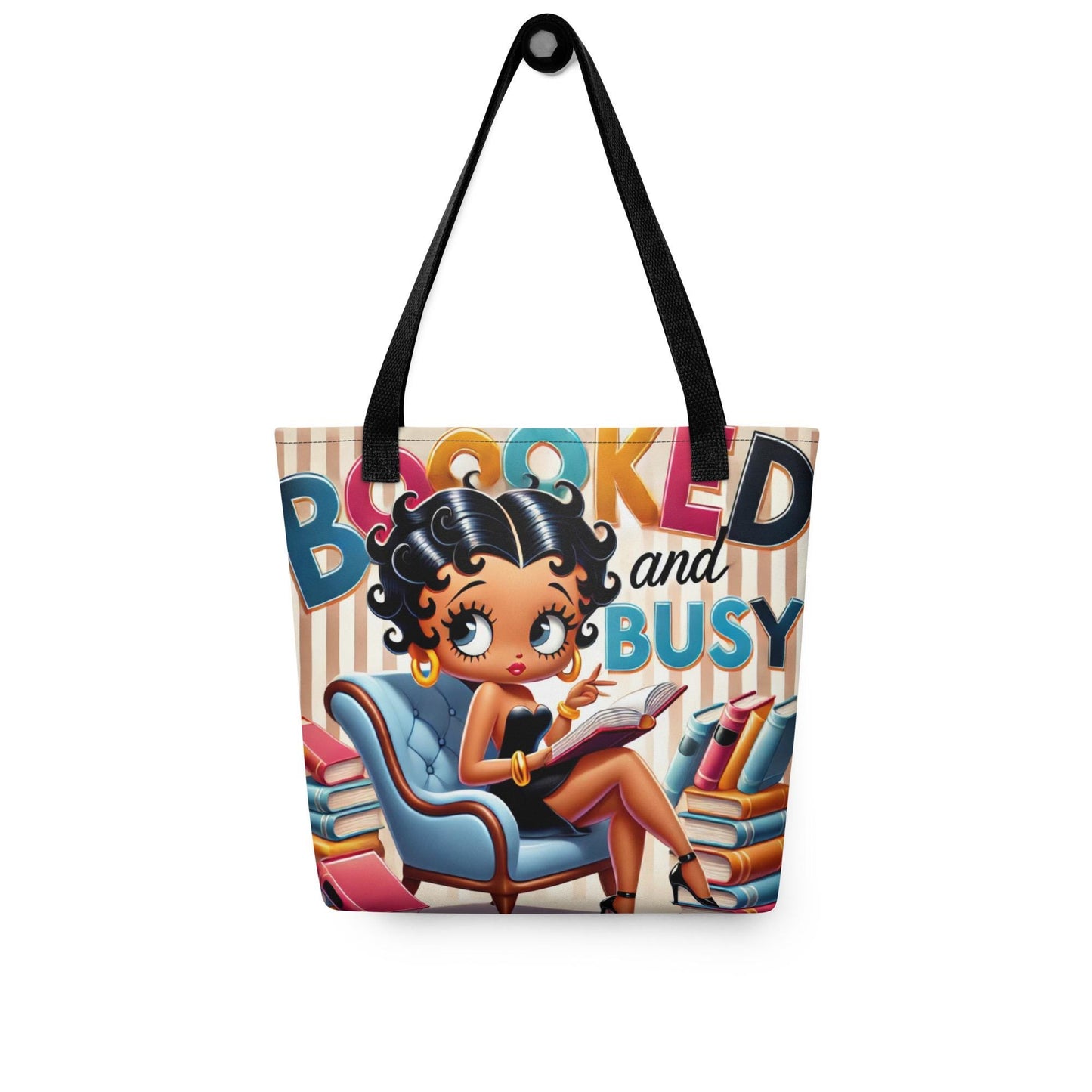 Booked and Busy Black Betty Boop Tote bag Gift for Book Lover |  Durable Tote for Bookworm or Librarian | Black and Brown Girl Reader Gift