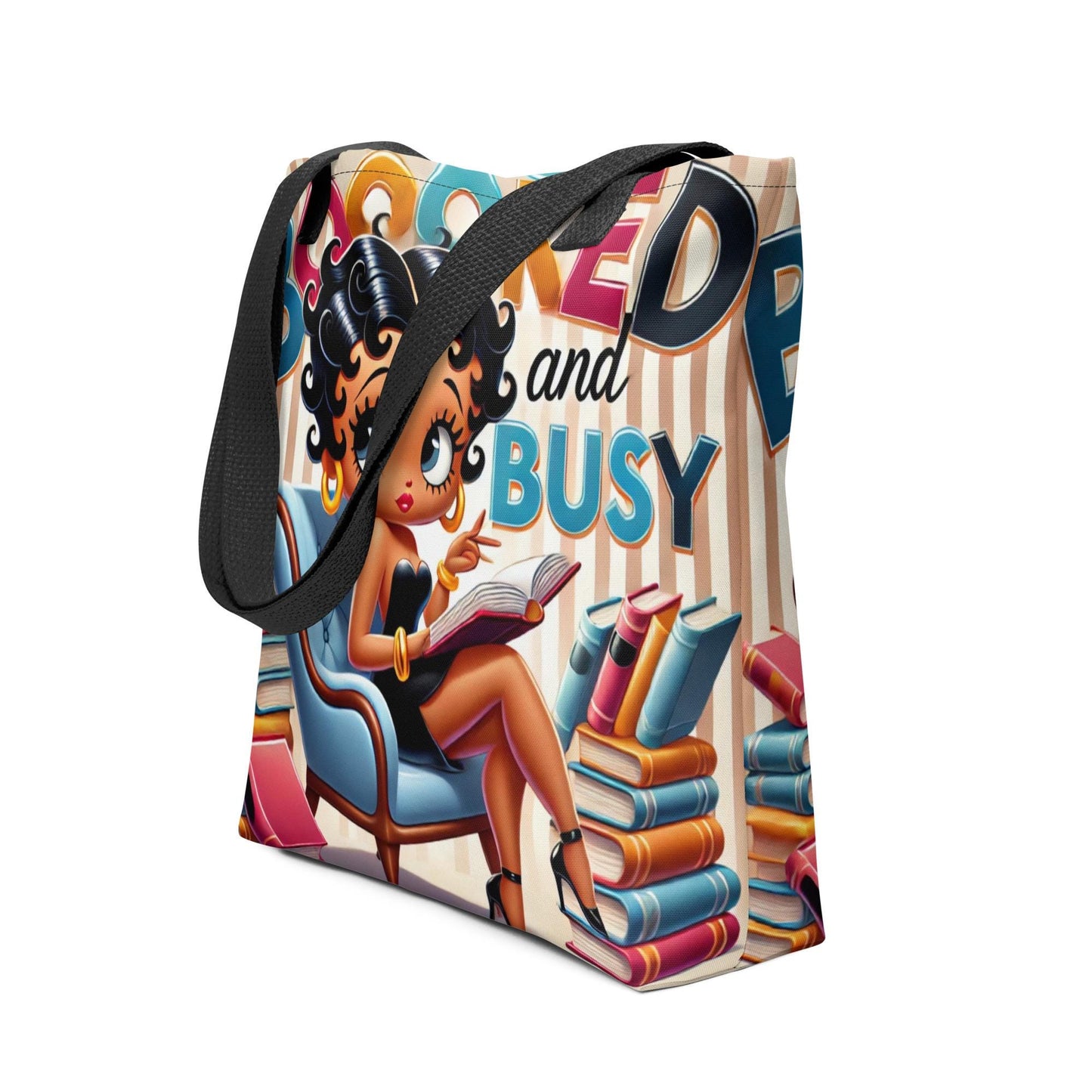 Booked and Busy Black Betty Boop Tote bag Gift for Book Lover |  Durable Tote for Bookworm or Librarian | Black and Brown Girl Reader Gift