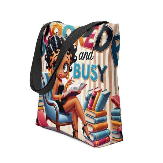 Booked and Busy Black Betty Boop Tote bag Gift for Book Lover |  Durable Tote for Bookworm or Librarian | Black and Brown Girl Reader Gift
