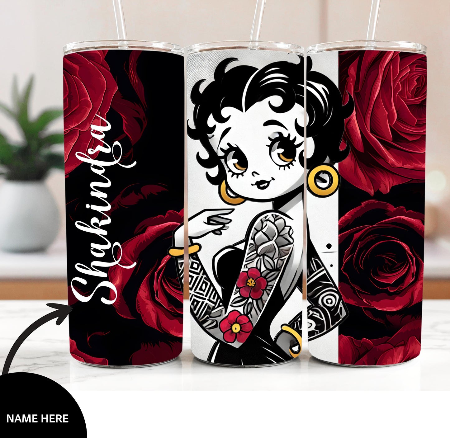 Personalized Betty Boop Unique Tumbler | 20oz Tumbler Gift | Vintage Themed Betty Boop Aesthetic Personalized Gift with Matching Earrings