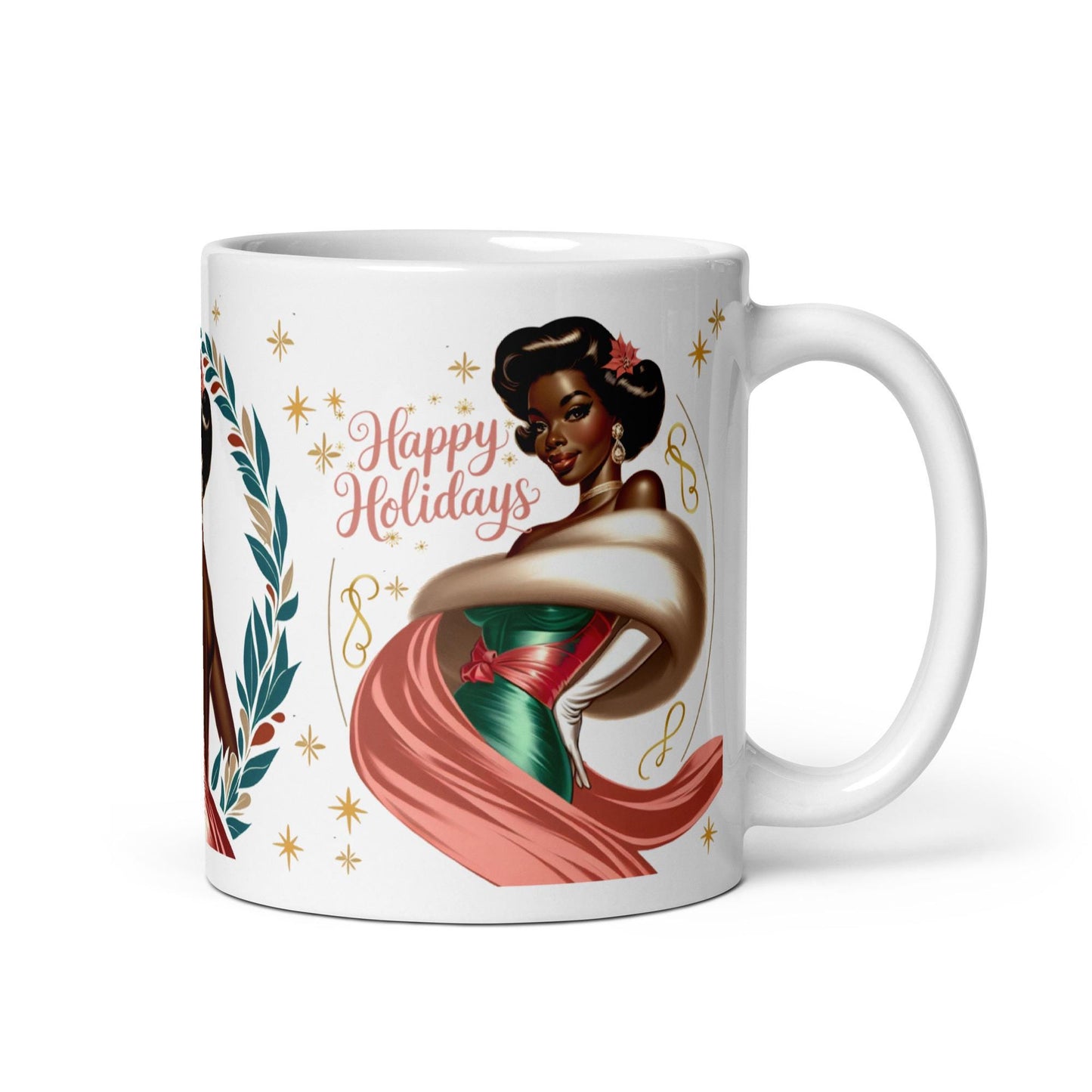 Beautiful Vintage design with African American Lady | Black Art for the Holidays on a White glossy mug | Black Glamour | Retro Christmas Mug