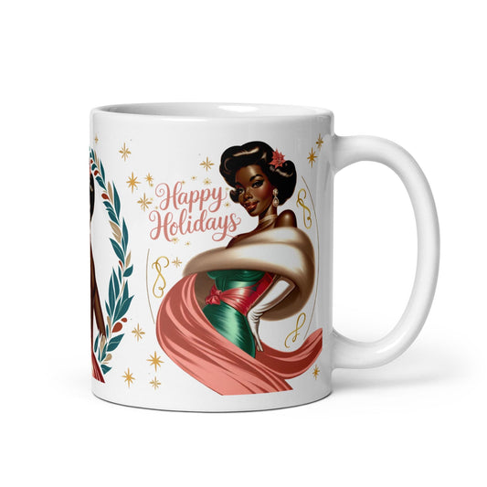 Beautiful Vintage design with African American Lady | Black Art for the Holidays on a White glossy mug | Black Glamour | Retro Christmas Mug