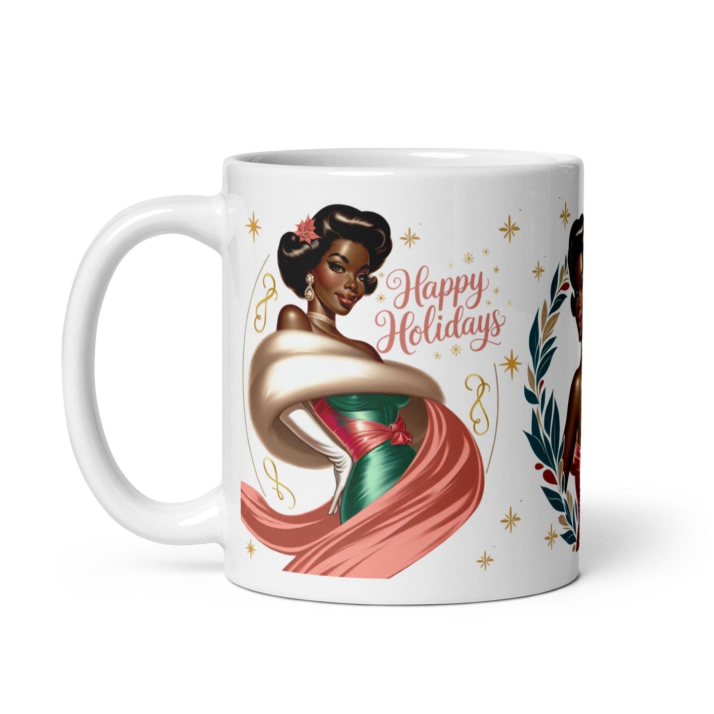 Beautiful Vintage design with African American Lady | Black Art for the Holidays on a White glossy mug | Black Glamour | Retro Christmas Mug