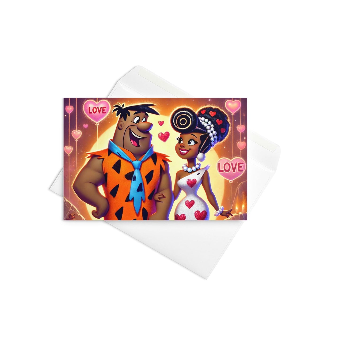 Fred and Wilma Flintstone Inspired Character Love Day Horizontal Sunset Greeting Card |  Black Love Anniversary Card Gift for Him or Her