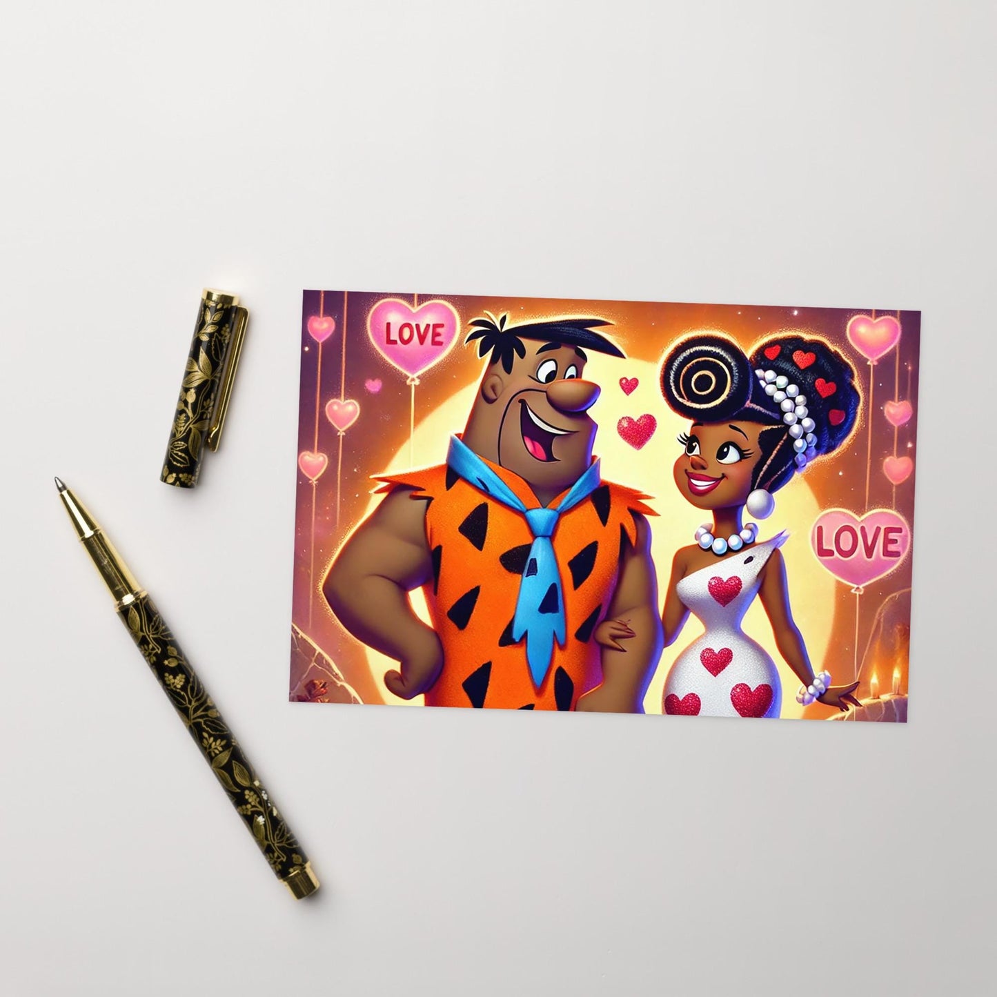 Fred and Wilma Flintstone Inspired Character Love Day Horizontal Sunset Greeting Card |  Black Love Anniversary Card Gift for Him or Her