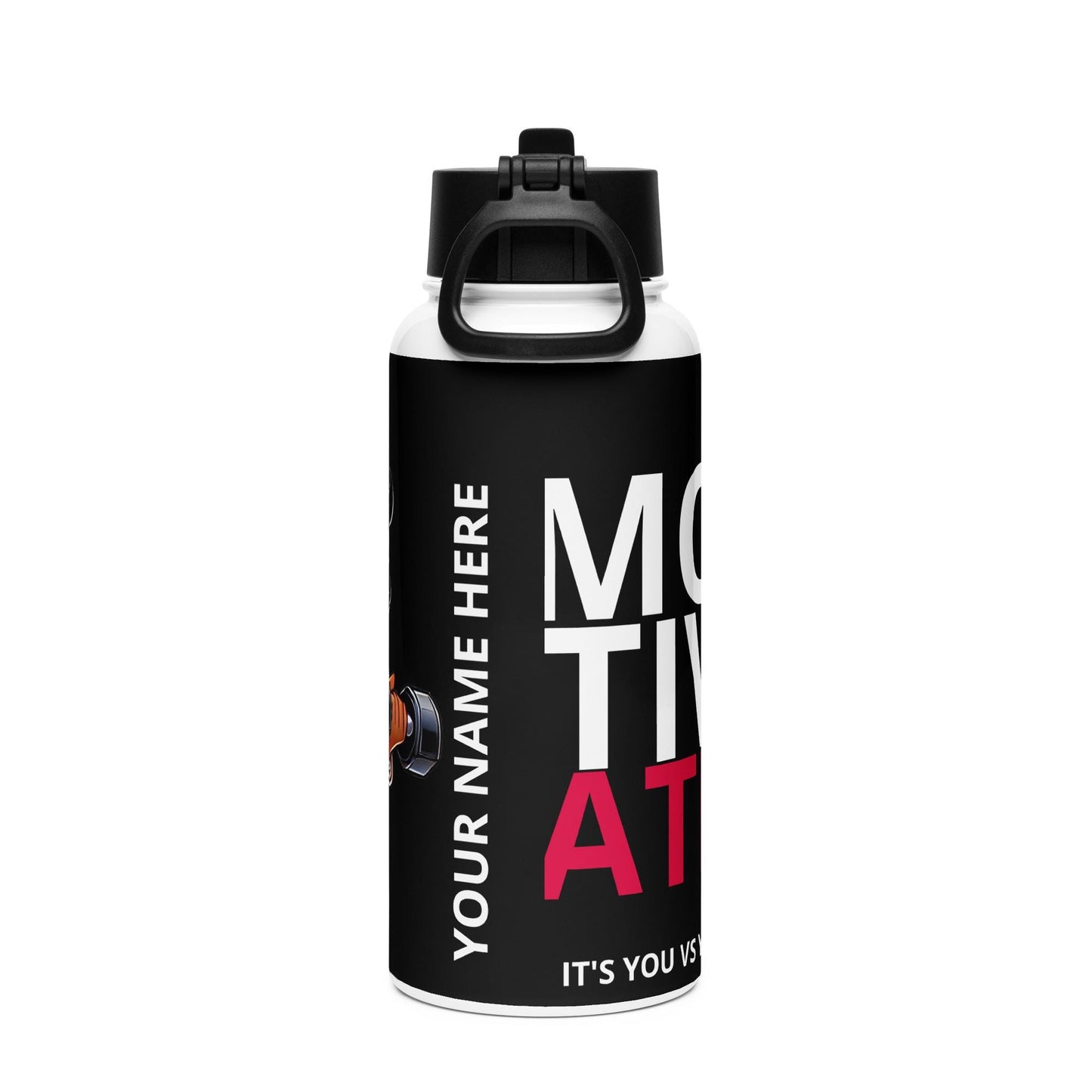 Black Boop Body Builder Character Stainless Steel Water Bottle with Straw Lid | Cute Personalized Gym Gift 2025 goals | HANDWASH ONLY