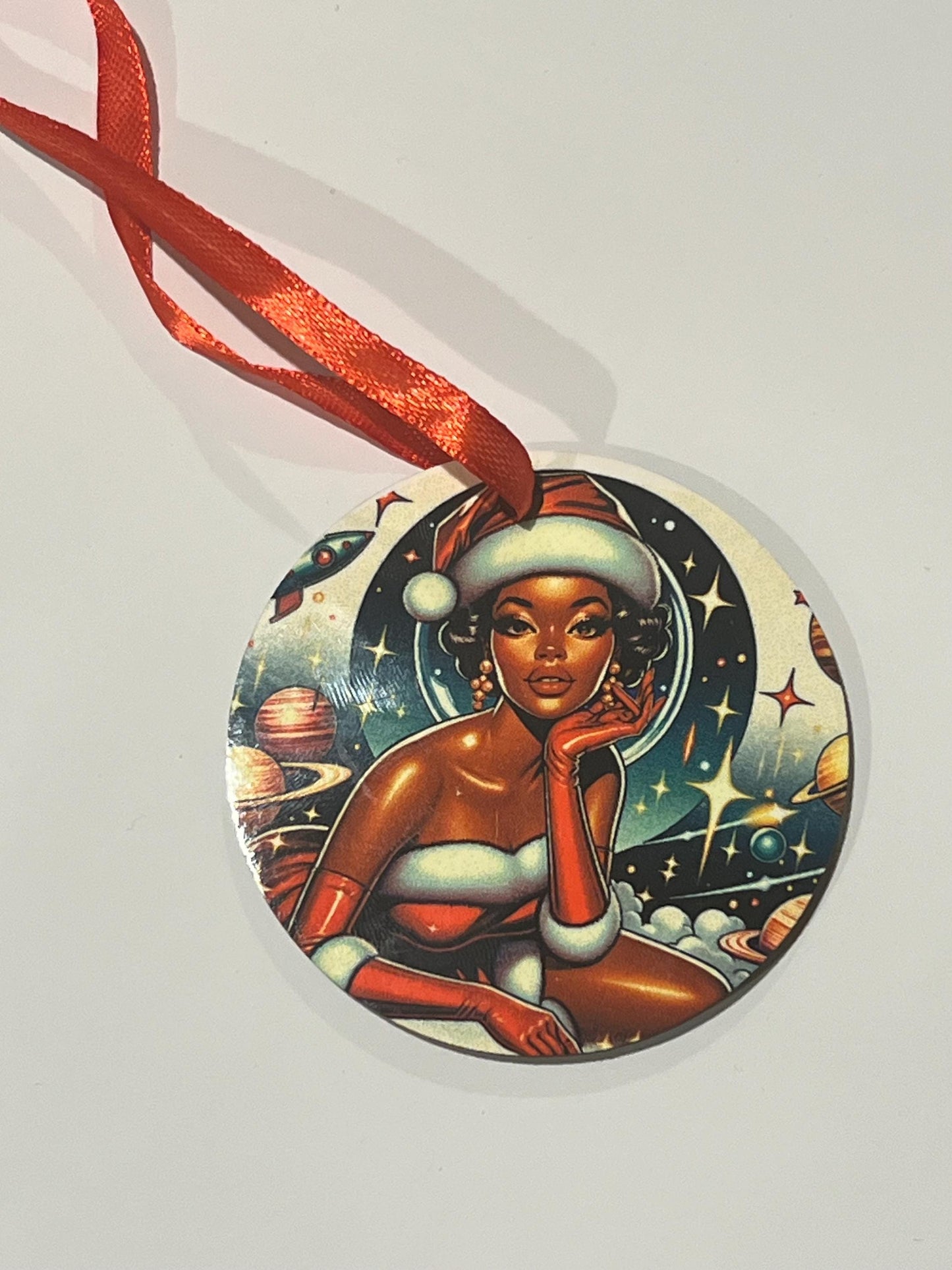 Space Age Beautiful African American Mrs. Claus Ornaments  | Unique Homemade and Custom Designed Black Girl Ornaments for Christmas Decor
