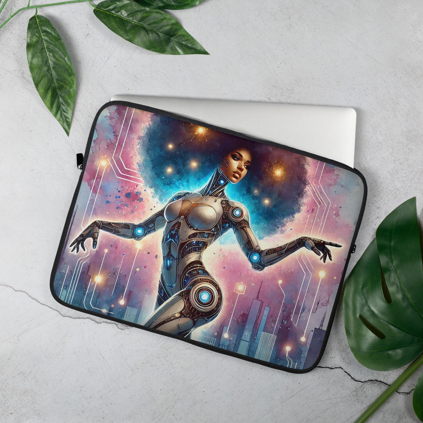 Afro-Futuristic Black Cyborg Laptop Sleeves |Aesthetic Laptop Sleeve Bag with Black Queen Sci Fi Illustrations | Dope gift for Women in Tech
