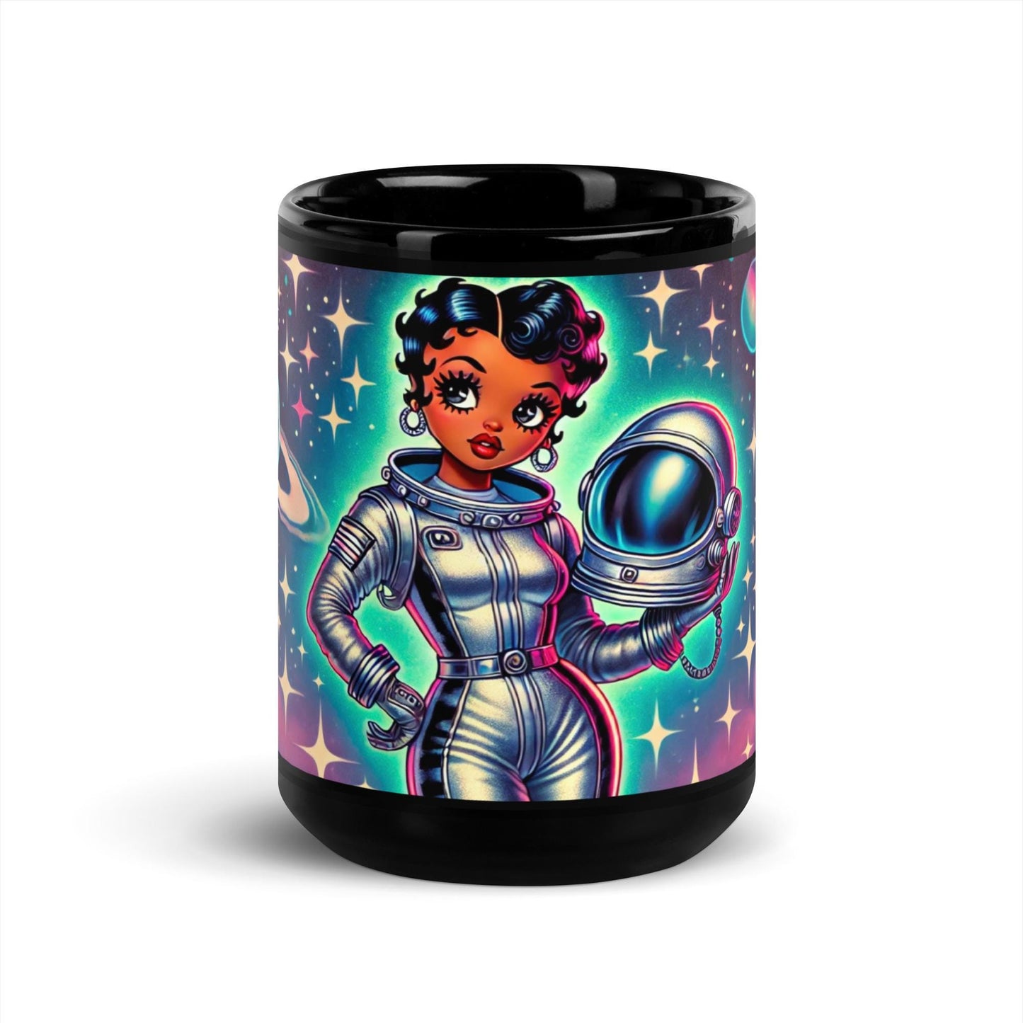 Space Age Black Betty Boop Black Glossy Mug | Classic Betty Boop Character as an Astronaut Gift for Coffee or Tea Lover| Unique Gift for Her