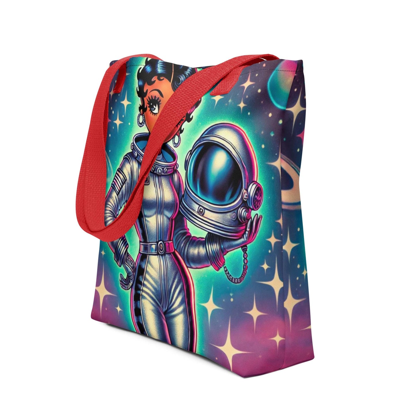 Space Age Black Boop Like Character Colorful Tote | Unique Trending Black Boop Gift Bag | Durable African American Astronaut Tote Bag