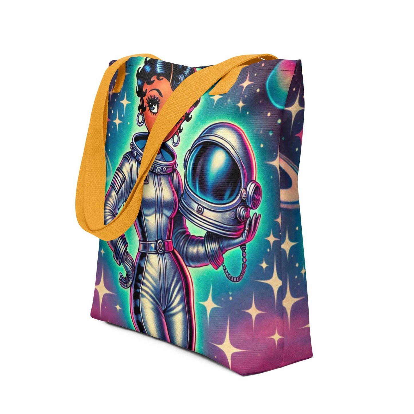 Space Age Black Boop Like Character Colorful Tote | Unique Trending Black Boop Gift Bag | Durable African American Astronaut Tote Bag