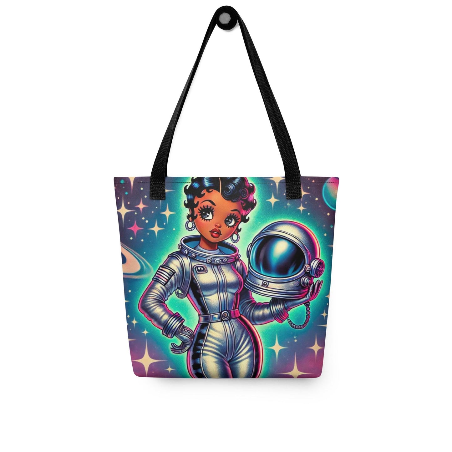 Space Age Black Boop Like Character Colorful Tote | Unique Trending Black Boop Gift Bag | Durable African American Astronaut Tote Bag