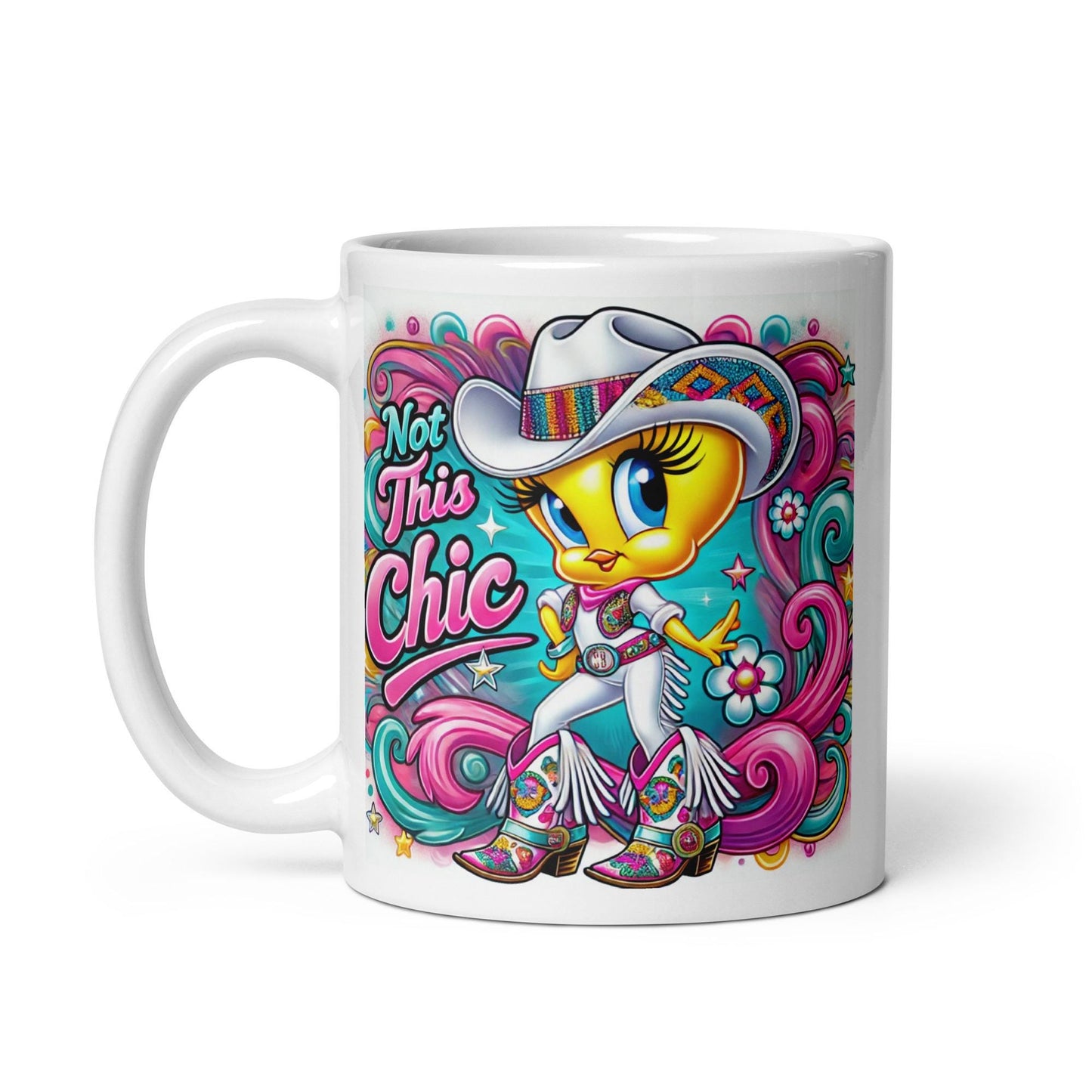 Colorful Cowgirl Tweety Bird Inspired Character White glossy mug | Sassy Tweety Inspired Character Mug Great Gift for Tweety Bird Lovers
