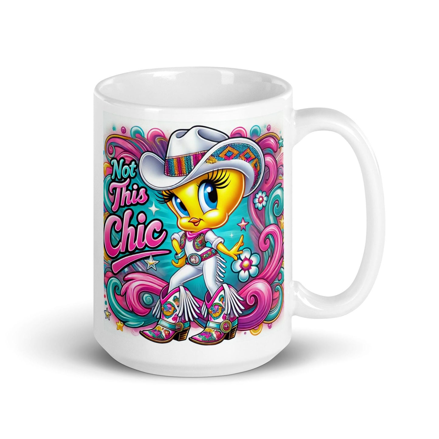 Colorful Cowgirl Tweety Bird Inspired Character White glossy mug | Sassy Tweety Inspired Character Mug Great Gift for Tweety Bird Lovers