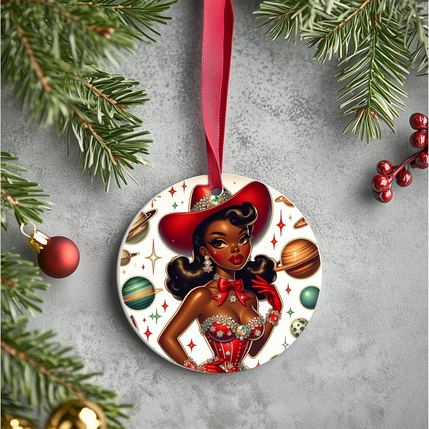 Space Cowgirl Beautiful African American Ornaments | Black Girl Ornaments Homemade with a Custom Design | Unique AfroCentric Christmas Decor
