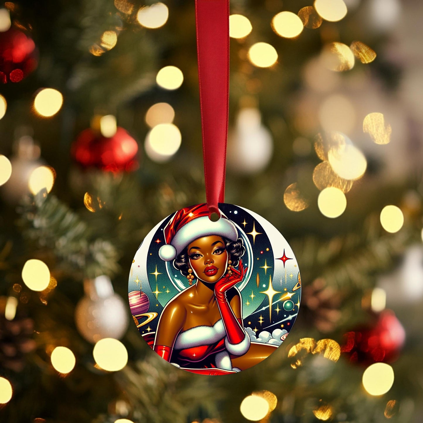 Space Age Beautiful African American Mrs. Claus Ornaments  | Unique Homemade and Custom Designed Black Girl Ornaments for Christmas Decor