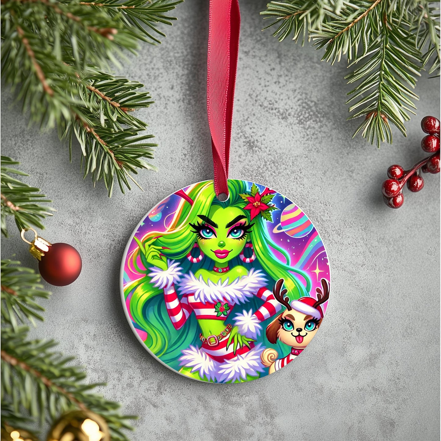 Sassy Lady Grinch Christmas Ornaments | Custom Design Ornaments Homemade with a Sublimation Design | Unique Christmas Christmas Decor