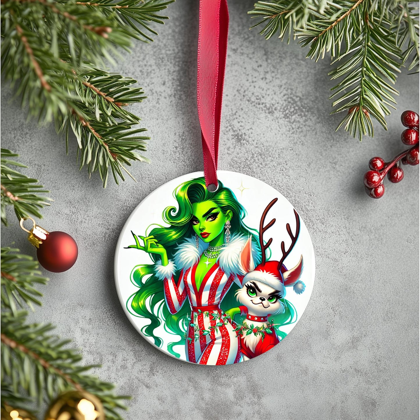 Sassy Lady Grinch Christmas Ornaments | Custom Design Ornaments Homemade with a Sublimation Design | Unique Christmas Christmas Decor