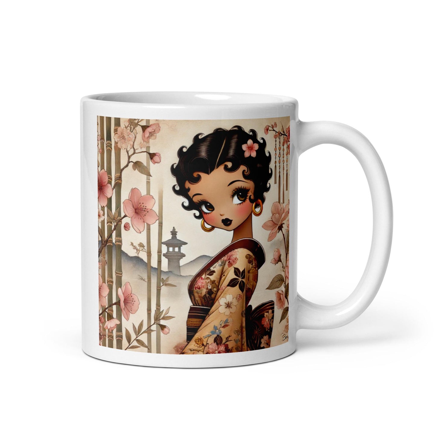 Beautiful Betty Boop Inspired character on White glossy mug | Beautiful Boop Character in Kimono surrounded by Cherry Blossoms