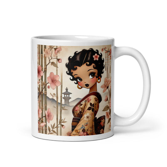 Beautiful Betty Boop Inspired character on White glossy mug | Beautiful Boop Character in Kimono surrounded by Cherry Blossoms