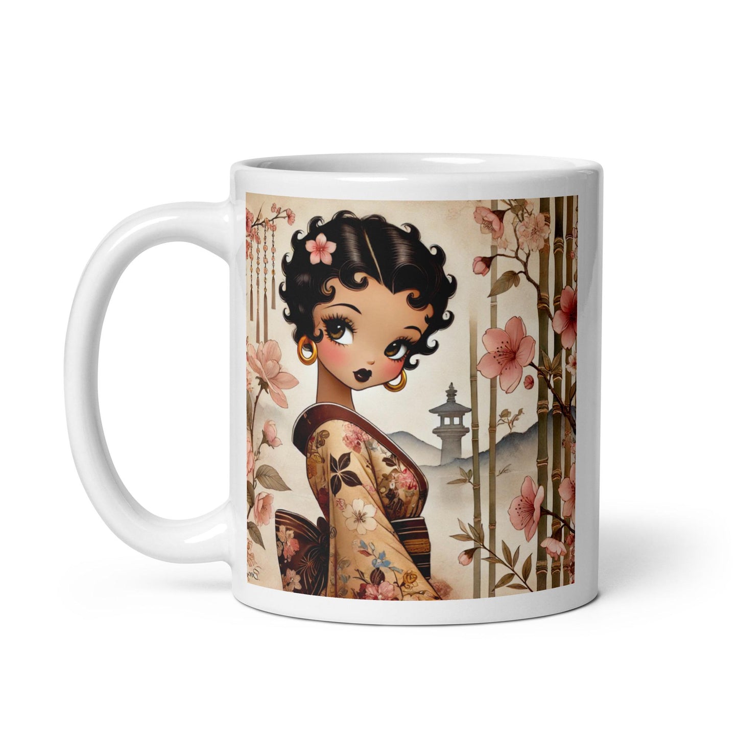 Beautiful Betty Boop Inspired character on White glossy mug | Beautiful Boop Character in Kimono surrounded by Cherry Blossoms