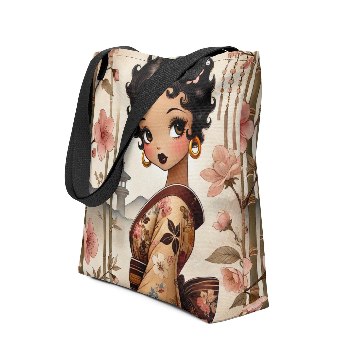 Beautiful Black Betty Boop Like Character with Cherry Blossom Scene on Tote Bag | Black Boop Character in Kimono with Image on Tote