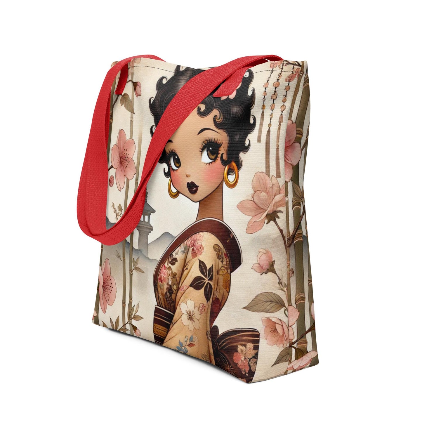 Beautiful Black Betty Boop Like Character with Cherry Blossom Scene on Tote Bag | Black Boop Character in Kimono with Image on Tote