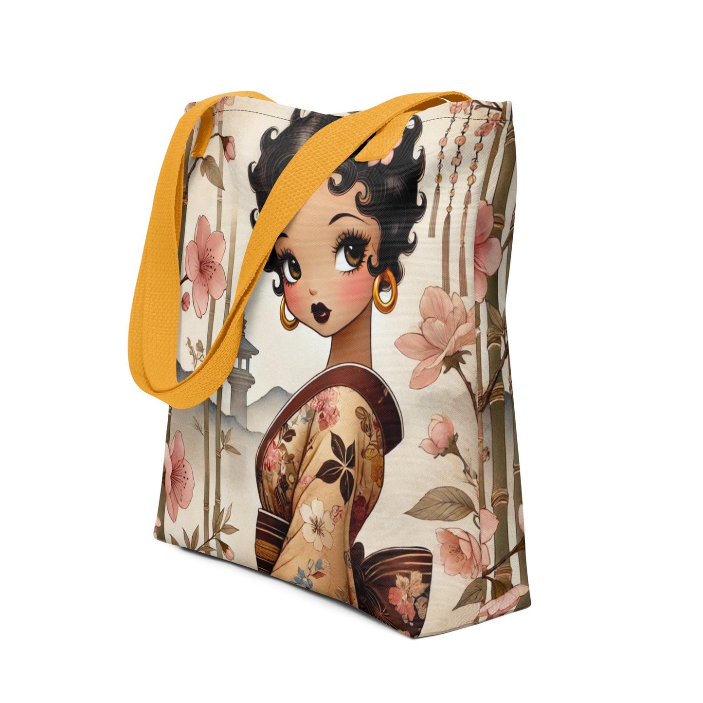 Beautiful Black Betty Boop Like Character with Cherry Blossom Scene on Tote Bag | Black Boop Character in Kimono with Image on Tote