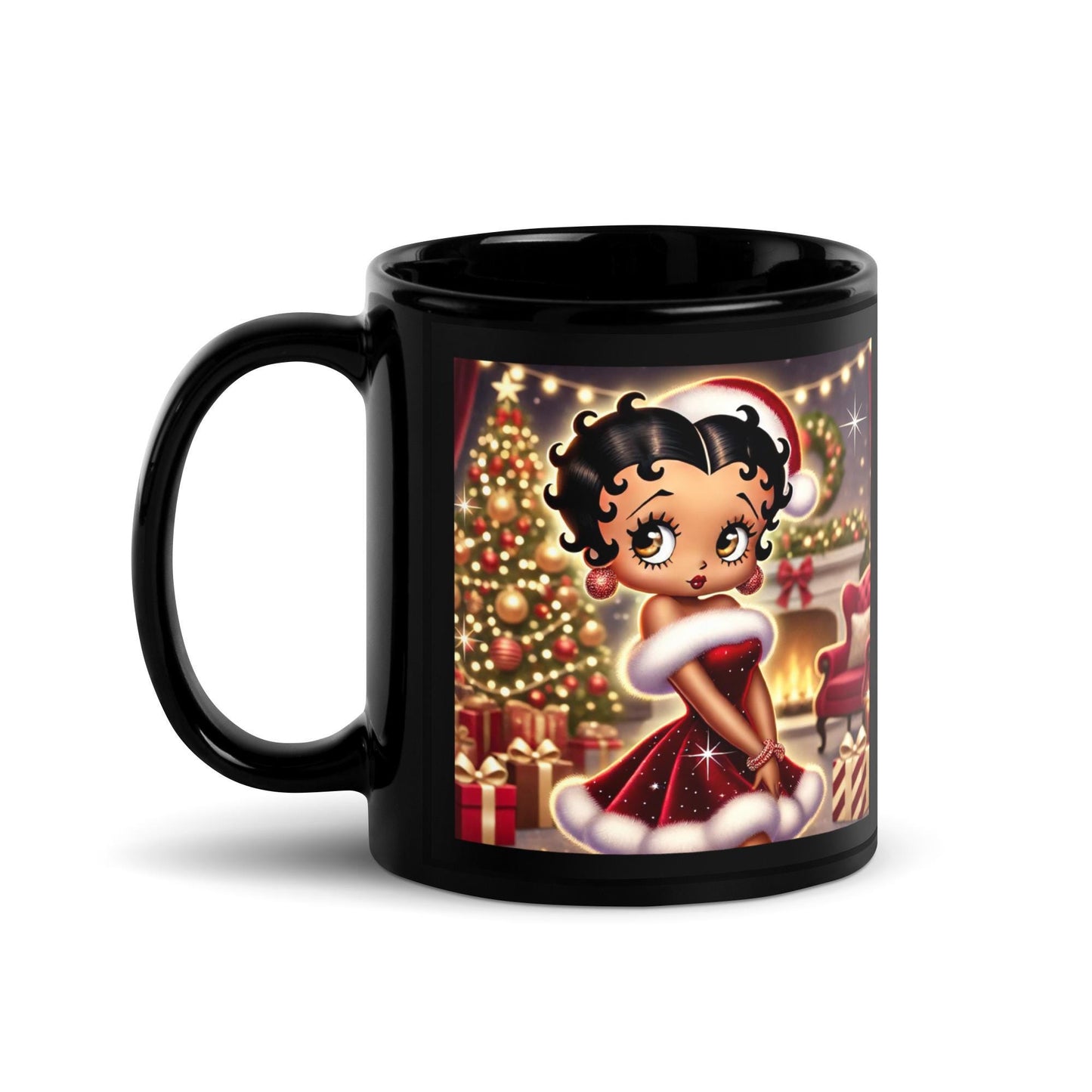 Mrs Claus Betty Boop Black Glossy Mug | Unique Black Betty Boop Design on Mug | Unique Christmas Gift for coffee lovers HANDWASH ONLY